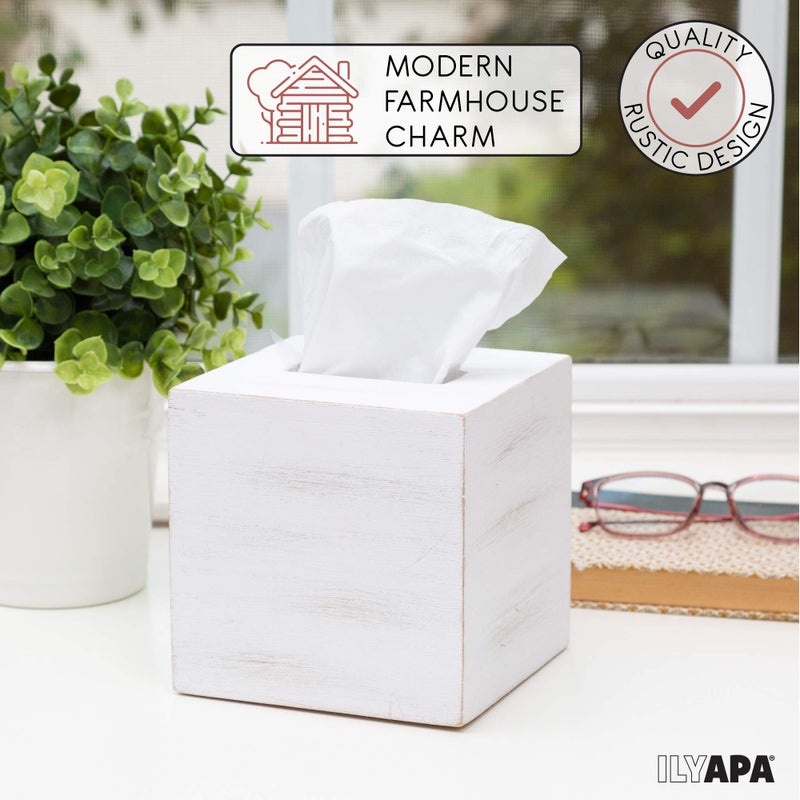 Ilyapa Wood Tissue Box Cover Square - Rustic Farmhouse White Wooden Tissue Holder - Image 3
